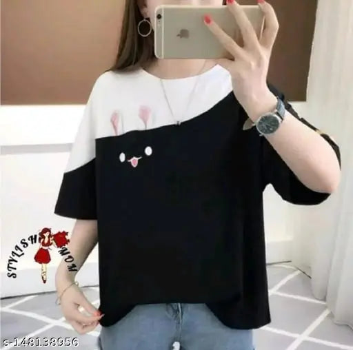 Custom wear women's cotton casual top, colorblocked net design, short sleeves - India