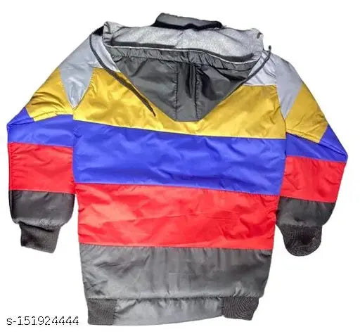 Multi-colored, zippered jacket with multiple pockets