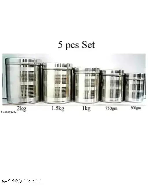 Stainless steel kitchen jar set with lids, containing jars in varying sizes from 500ml to 2kg, 5 pieces