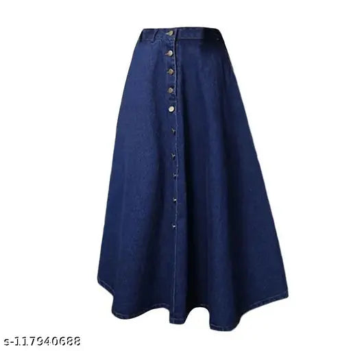 Long blue denim skirt, solid pattern, beautiful button-up design - India origin, size 26, 34 inch length