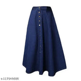 Long blue denim skirt, solid pattern, beautiful button-up design - India origin, size 26, 34 inch length