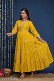 Super yellow rayon kurta with four-tier embroidery, three-quarter sleeves, printed combo. Single size options available for S-XXXL. Indian fashion apparel