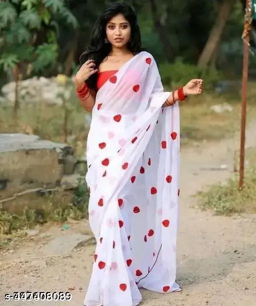 White saree with red dots, 6 yards