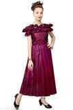 Purple silk blend sleeveless full-length gown for girls, intricate applique design, suitable for formal events and parties