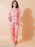 Fbella women's cotton blend abstract printed night suit set, featuring ethnic print, lapel collar, and pocket detail