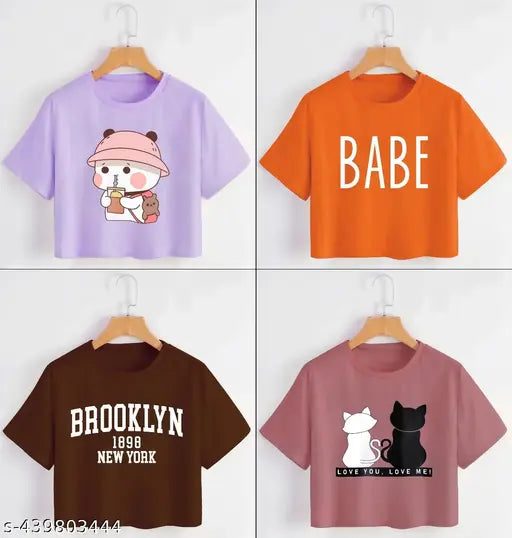 Multicolor printed cotton blend crop top tee shirt pack for women, fashionable and trendy
