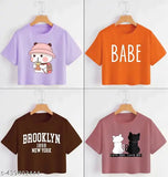 Multicolor printed cotton blend crop top tee shirt pack for women, fashionable and trendy