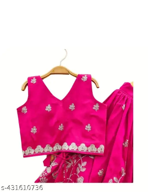 Embroidered taffeta silk kids lengha choli, suitable for festive wear, fully-stitched and customizable