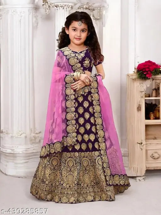Embroidered taffeta silk lehenga for kids age 8, short sleeves and net dupatta on display