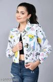 White cotton-blend printed jacket for women and girls, long sleeves with colorful patterns. S size: bust 32in, length 18in. Made in India