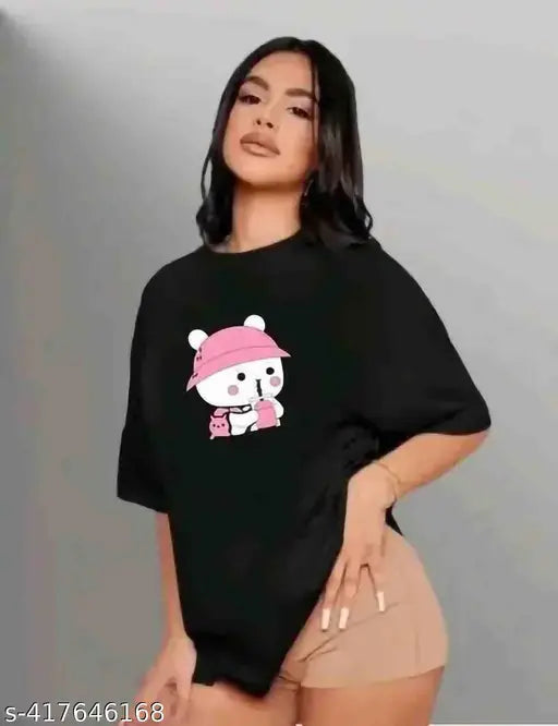 Girl in oversized tee with cartoon character design