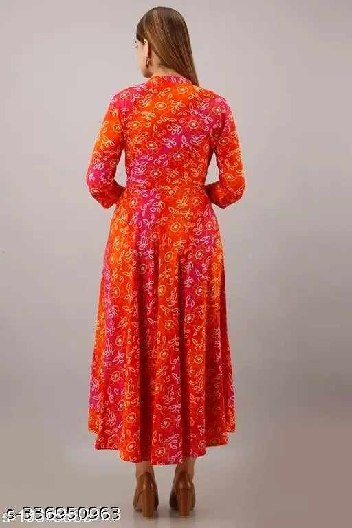Orange Rayon flared kurti, three-quarter sleeves, printed combo. Women's fashion, Indian design, size options S-XXL