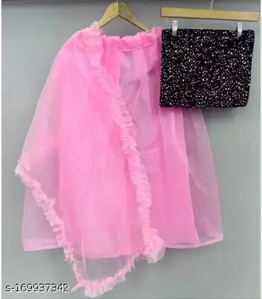 Embellished pink velvet and net choli set with full sleeves, heavy sequins work (5mm), full panna (70"x60"), semi-stitched lehenga (up to 32-33") and heavy net dupatta with free-flow broderie all around. Indian handcrafted