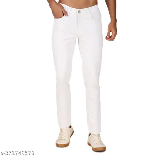 Men's slim mid-rise white polycotton jeans, heavy stitching, comfortable and stretchable, size 28/30/32/34/36