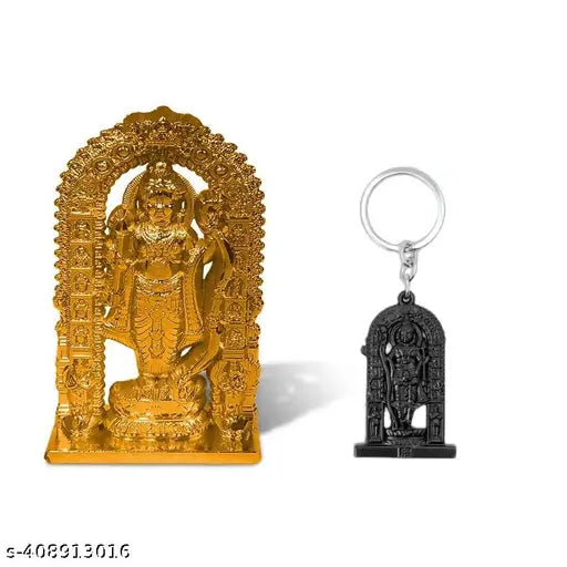 Golden metal Ayodhya Ram Lalla with black keychain for car dashboard - intricate religious idol decor from India