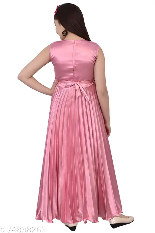 Long-sleeve checked net party dress for girls in silk satin blend, 100% authentic Indian craftsmanship