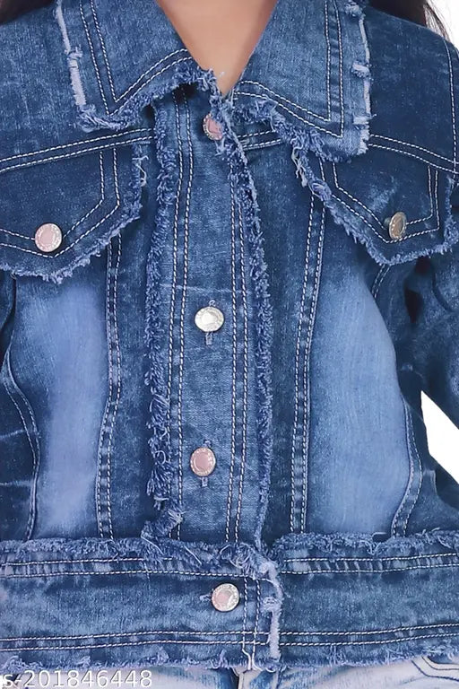 A blue denim jacket with a unique, flared design and a statement collar