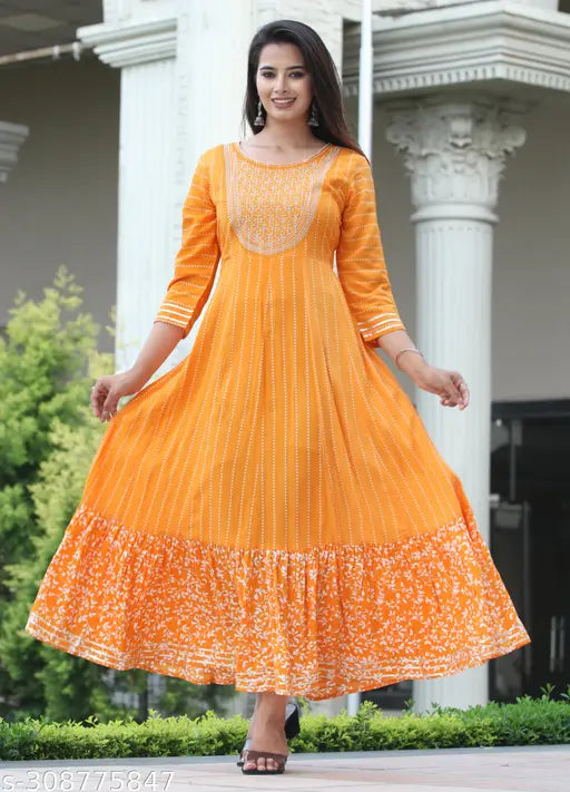 Orange ethnic women's long printed anarkali kurta with embroidery details