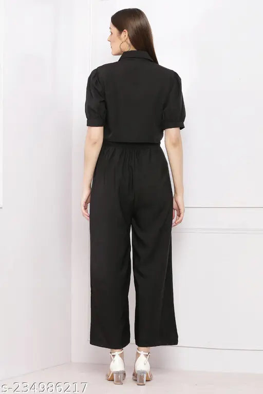 Black color women's solid 2-piece jumpsuit set, crepe material with short sleeves, available in S, M, L, XL sizes
