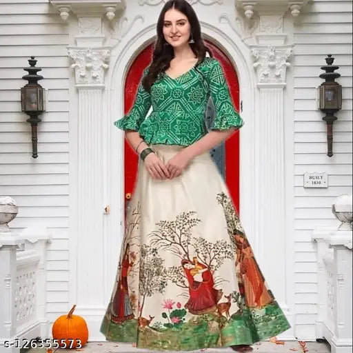 White rose Panihari silk blend lehengha choli with acrylic dupatta, botanical stitch design for children's festive wear