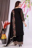 Black georgette kameez with dupatta set, long sleeves, embroidered borders