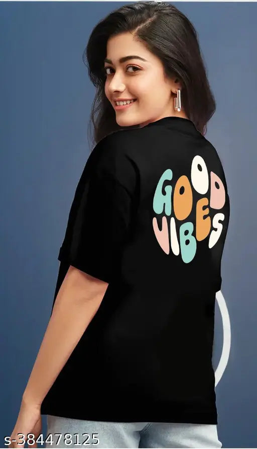 Black cotton blend round neck oversized women's T-shirt with printed typography