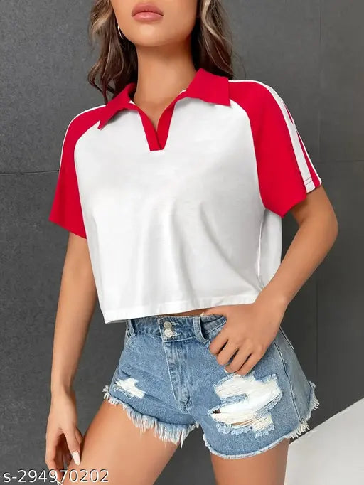 Cotton crop raglan collar t-shirt, solid color, short sleeves for XS - XXXXL sizes
