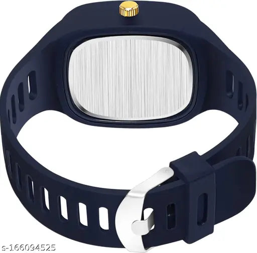 Square blue analog watch with silicone strap and silver accents. Features a date window and three sub-dials