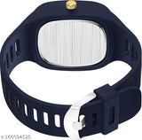 Square blue analog watch with silicone strap and silver accents. Features a date window and three sub-dials