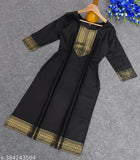 Slub cotton three-quarter sleeve womens straight kurta with lace border fully stitched