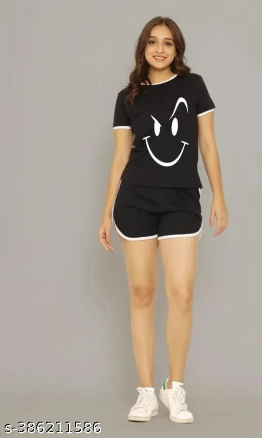 Printed cotton blend nightsuit set for women - vibrant smiley faces, comfortable lounge wear