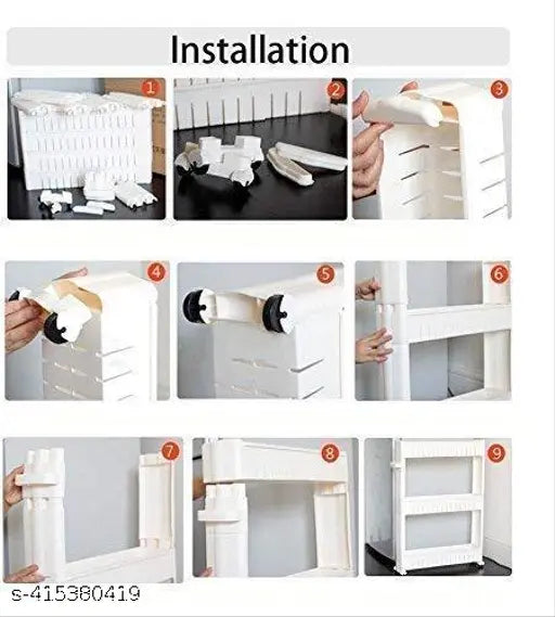 White 5-layer slim storage organizer with wheels and handles, inset instructions for installation