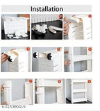 White 5-layer slim storage organizer with wheels and handles, inset instructions for installation