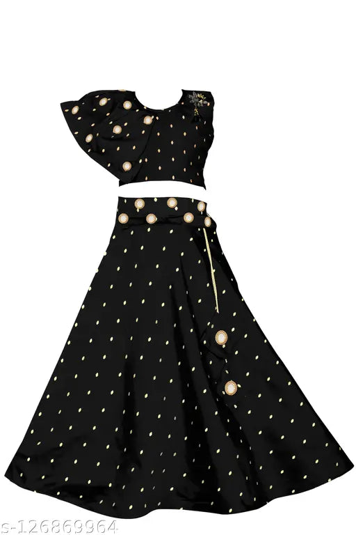 Black sleeveless cotton blend jacquard butti lehenga choli for girls - Indian traditional outfit for 3-16 years