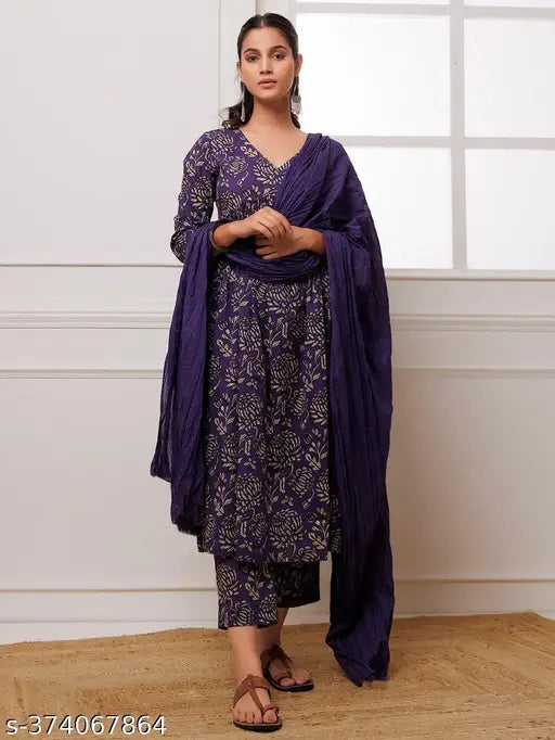 Violet cotton blend floral A-Line printed kurta set with dupatta and bottomwear, Indian women's fashion on mannequin