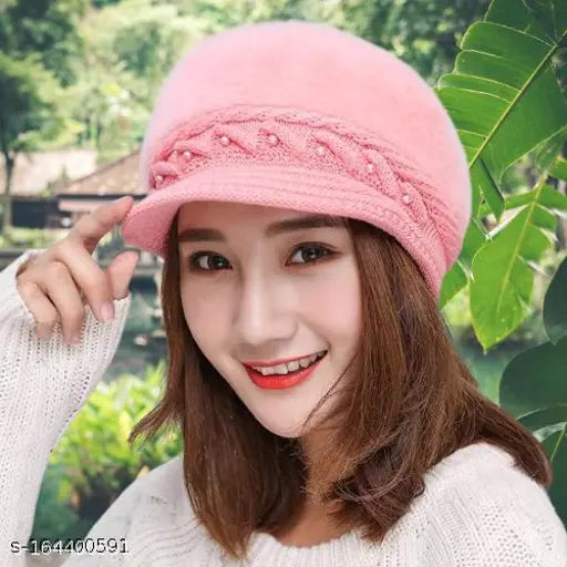 Winter wool beanie cap, fur lining, visor, women's fashion