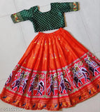 Pink satin lehenga choli kids dress for 5-6 years, printed with zari stitch and short sleeves, Indian origin