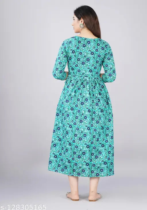 Blue printed cotton women's feeding gown with traditional kurta length