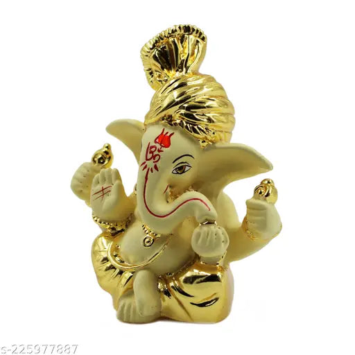 Gold-plated ceramic Purti Impex Terracotta Pagdi Ganesha Statue, 8x6cm, Indian handicraft for home decor or car dashboard