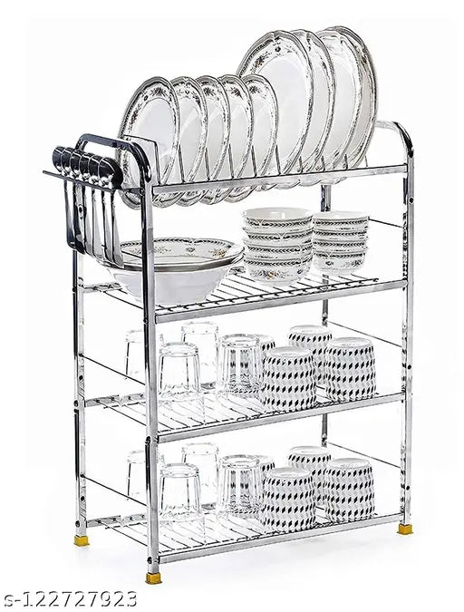 Stainless steel four-tiered kitchen dish rack with silver cutlery stand. Four layers of plates, glasses and bowls. Each layer has a handle for easy access