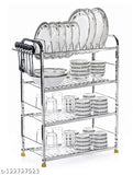 Stainless steel four-tiered kitchen dish rack with silver cutlery stand. Four layers of plates, glasses and bowls. Each layer has a handle for easy access