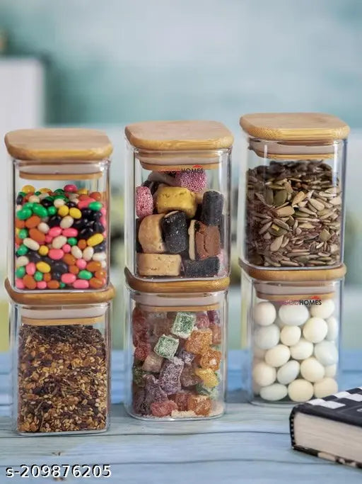 Clear glass containers, airtight, bamboo lids, square shape, with spices