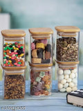 Clear glass containers, airtight, bamboo lids, square shape, with spices