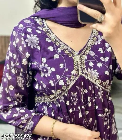 Purple traditional embroidered long-sleeve blouse