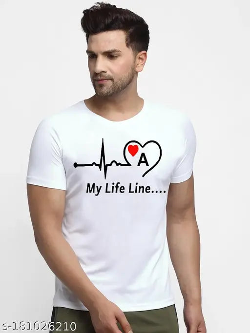 White polyester REYBAQ Men's half-sleeve round neck t-shirt with alphabet A-Z typography print, ideal for casual wear