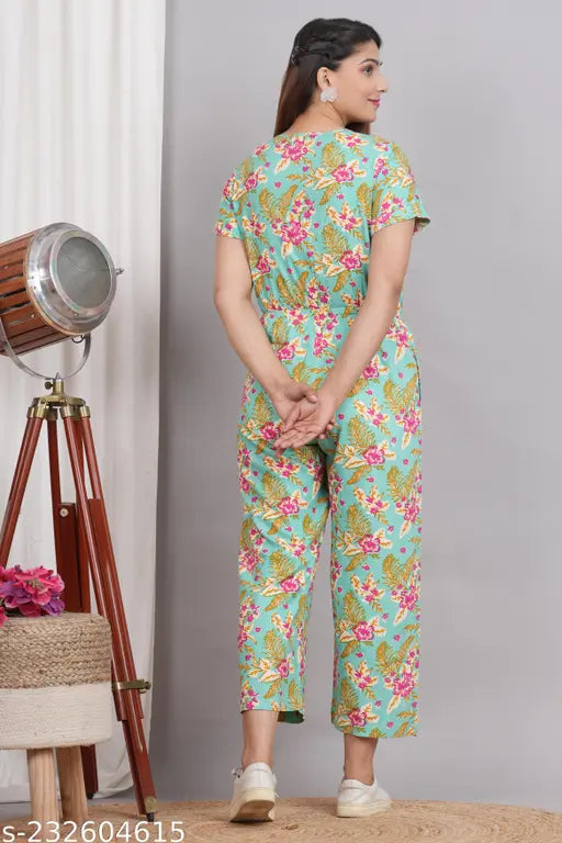 Sea green rayon jumpsuit for women - printed, short sleeves, pocket detail, India origin