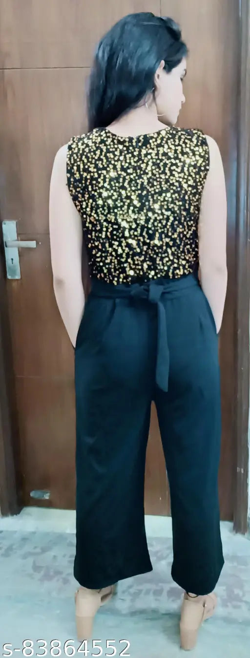 Gold sequin jumpsuit, black and gold, cotton blend, party wear for women