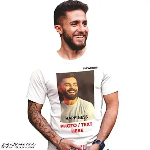 Customized white polycotton half sleeve T-shirt for men with 1 photo print, ideal for gifting on birthdays or special occasions. Short sleeves, personalized custom round neck design. Available in S, M, L, XL, XXL sizes