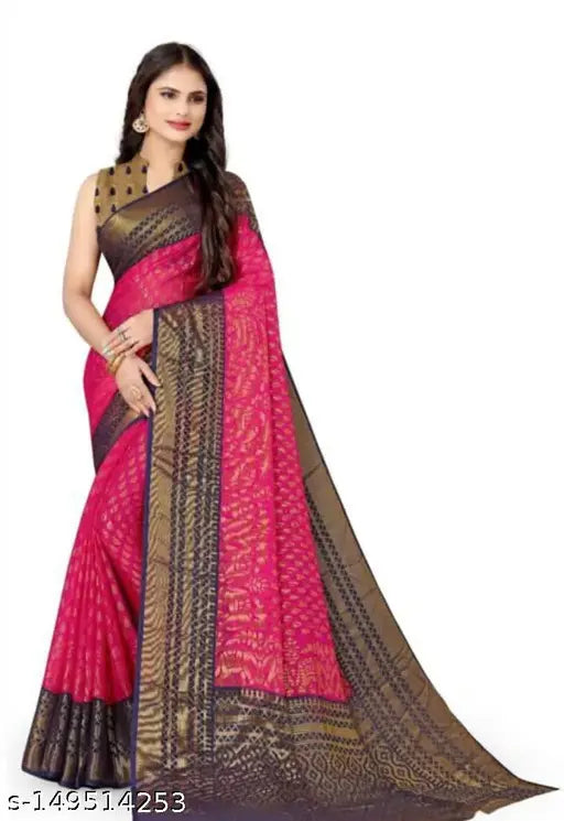 Chiffon Tilk Brasso-printed saree with zari woven blouse, Indian Party wear in free size (5.5m length)