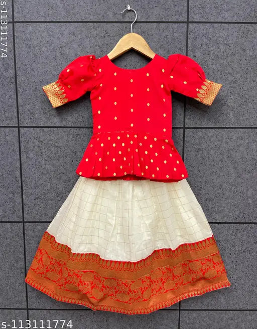 Red Jecquard South Indian style Pattu Pavadai Lehengha with Choli (Chanderi Cotton, Taffeta Silk, Short Sleeves). Kids 18-24 Months & 2-3 Years sizes available